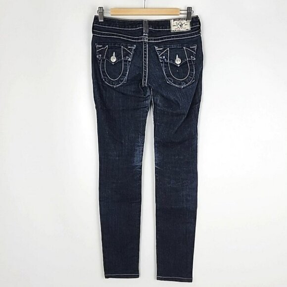 True Religion Women's  Denim Skinny Dark Wash Blue Jeans White Stitch Size 27 - Picture 2 of 16